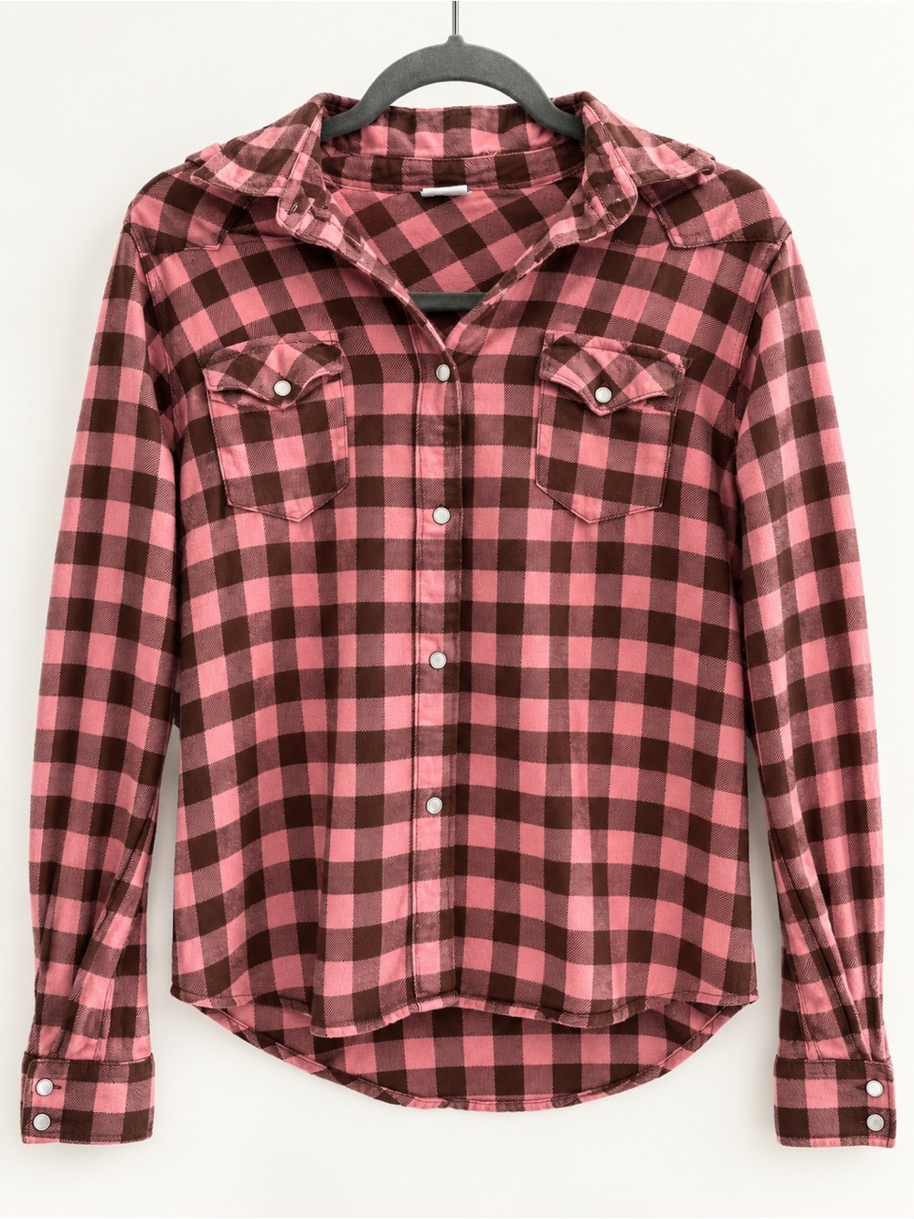 Wrangler Wrancher Pink Brown Buffalo Plaid Western Snap Shirt XL